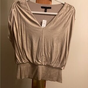 White House Black Market Gold V-Neck Blouse Banded Bottom